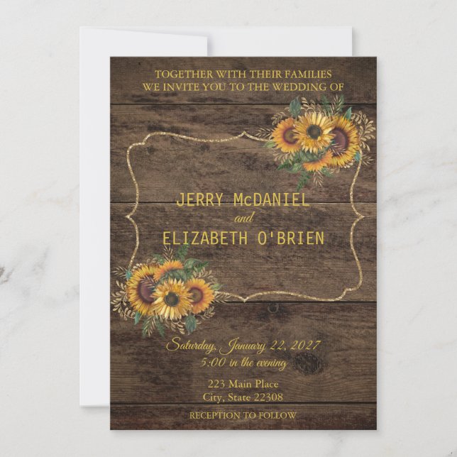 Invitación a la boda del girasol de la madera rúst (Anverso)