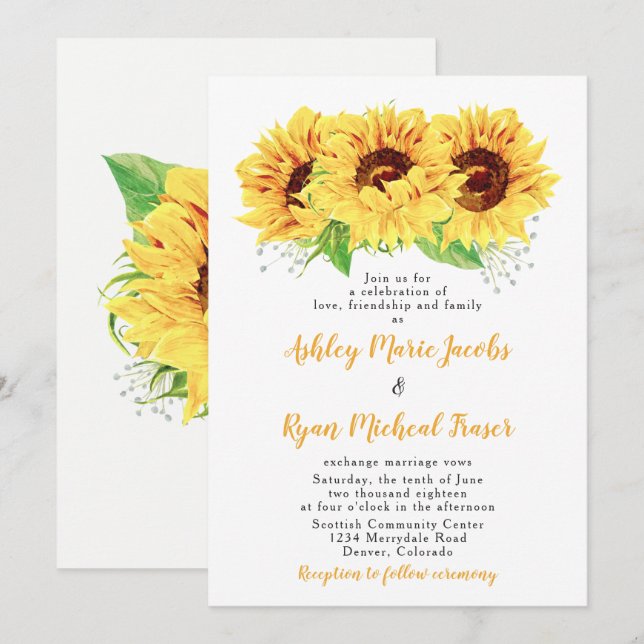 Invitación a la boda del girasol Floral acuarela (Anverso / Reverso)