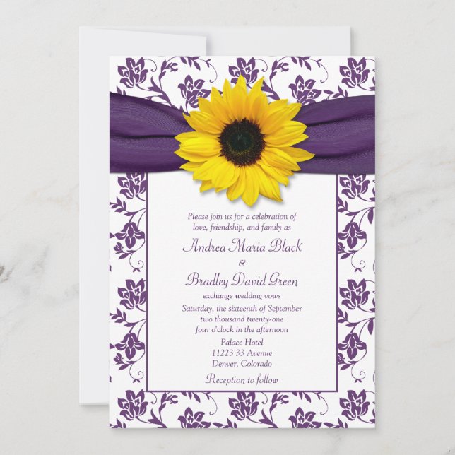 Invitación a la boda del girasol morado blanco de  (Anverso)