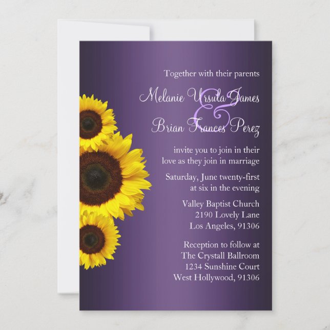 Invitación a la boda del girasol morado y amarillo (Anverso)