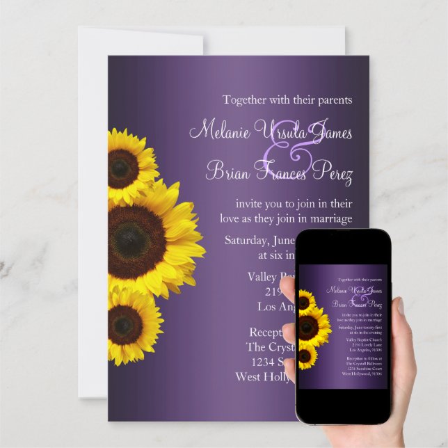 Invitación a la boda del girasol morado y amarillo 