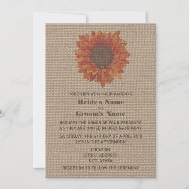 Invitación a la boda del girasol Naranja inspirado (Anverso)