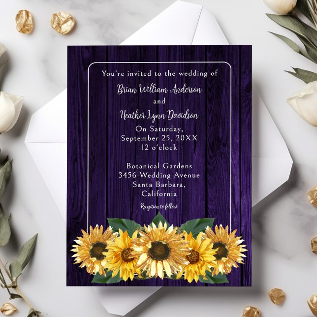 Invitación a la boda del girasol púrpura rústico (Purple Rustic Sunflower Wedding Invitation)
