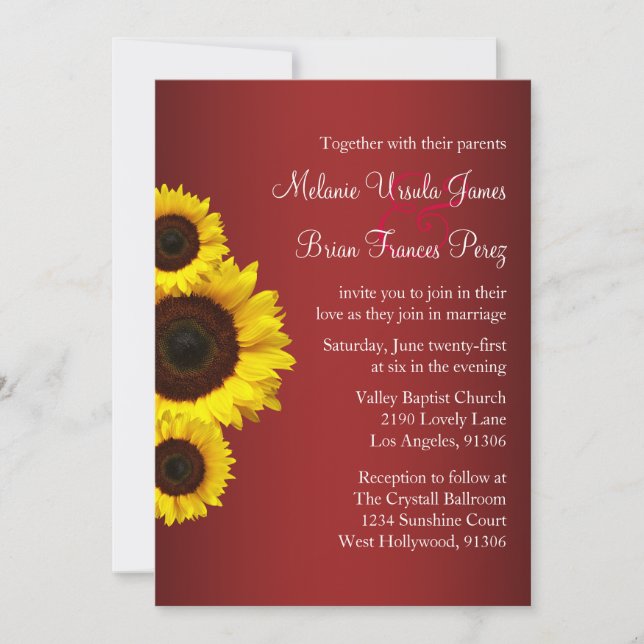 Invitación a la boda del girasol rojo y amarillo (Anverso)
