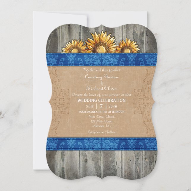 Invitación a la boda del girasol ruso azul marrón (Anverso)