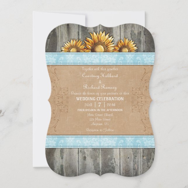 Invitación a la boda del girasol ruso azul polvori (Anverso)