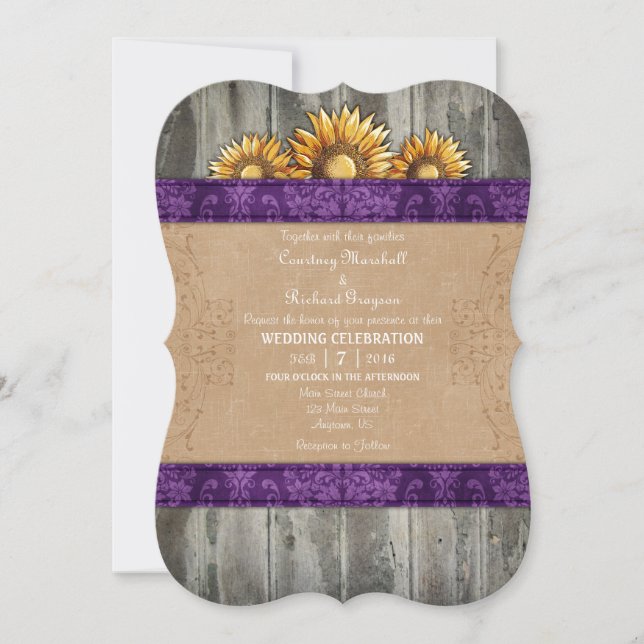 Invitación a la boda del girasol ruso morado (Anverso)