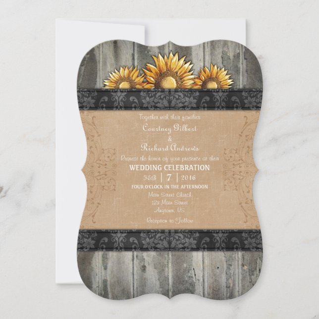 Invitación a la boda del girasol ruso negro marrón (Anverso)