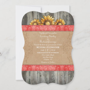 Invitación a la boda del girasol rústico de coral 