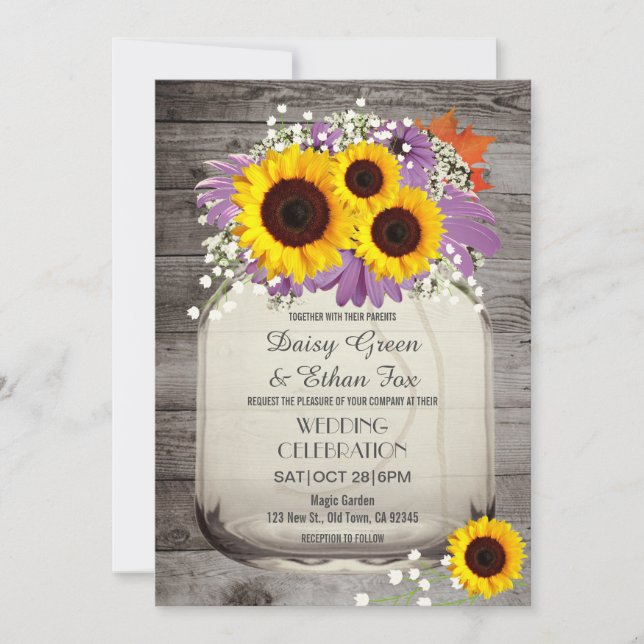Invitación a la boda del girasol rustico Mason Jar (Anverso)