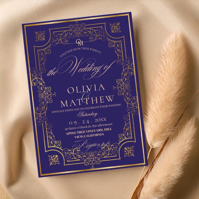 Invitación a la boda del guión de oro azul real (Subido por el creador)