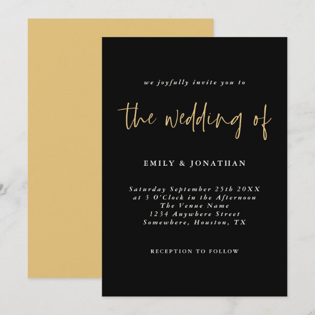 Invitación a la boda del guión negro de oro simple (Anverso / Reverso)