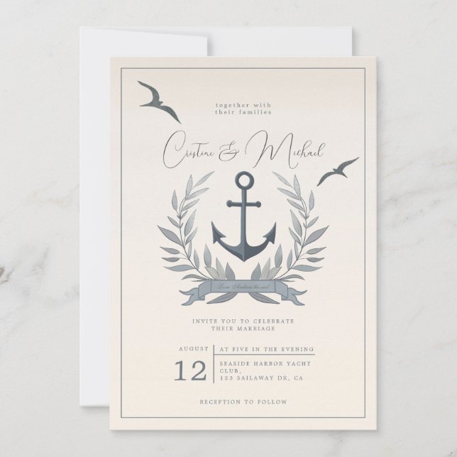 Invitación a la boda del heraldo de ancla nautica (Anverso)