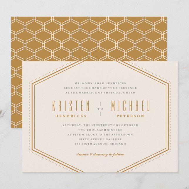 Invitación a la boda del hexágono clásico - Oro (Anverso / Reverso)