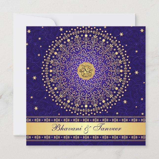 Invitación a la boda del Hindu Ganesh Blue Gold Sc (Anverso)