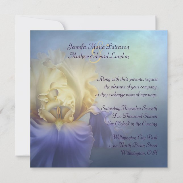 Invitación a la boda del iris morado y amarillo (Anverso)