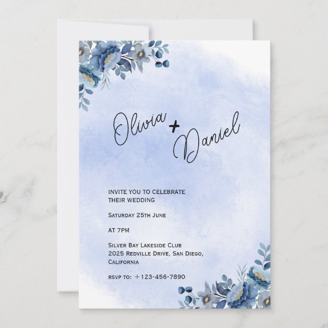 Invitación a la boda del jardín azul de la moda (Anverso)