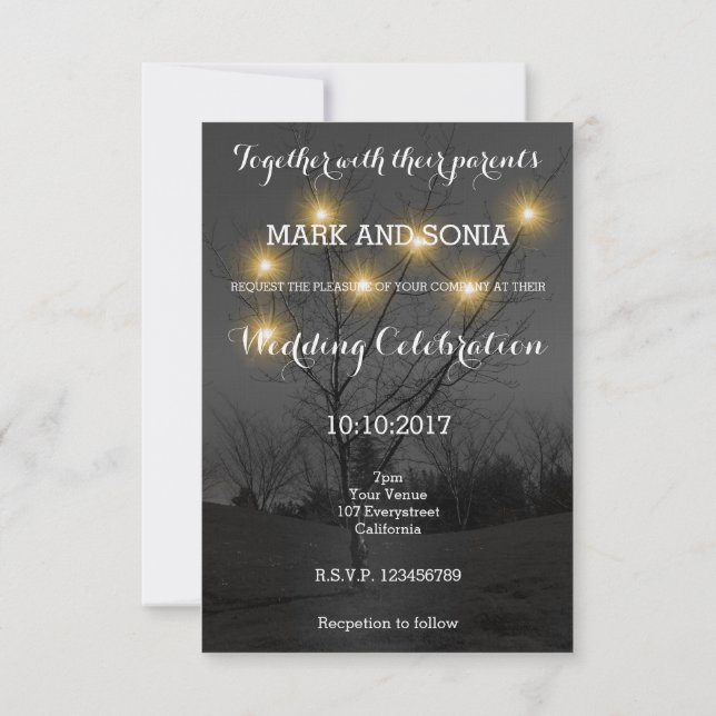 Invitación a la boda del jardín de árboles nocturn (Reverso)