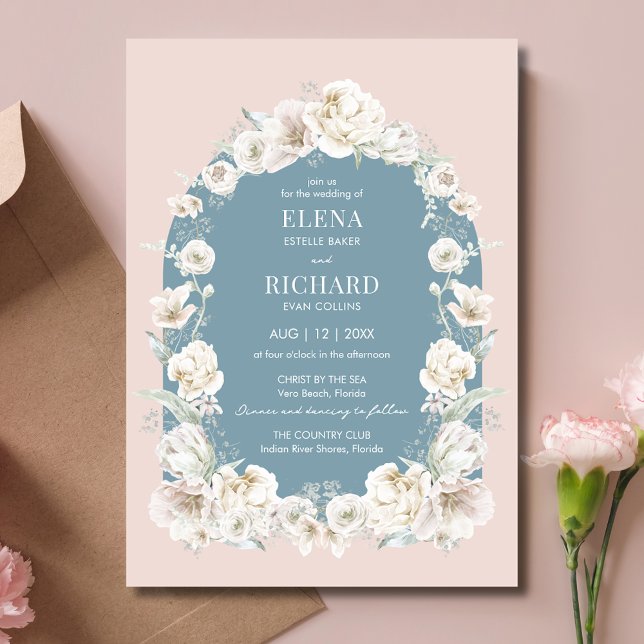 Invitación a la boda del jardín floral azul rosado (Blush Pink Blue Floral Garden Wedding Invitation)