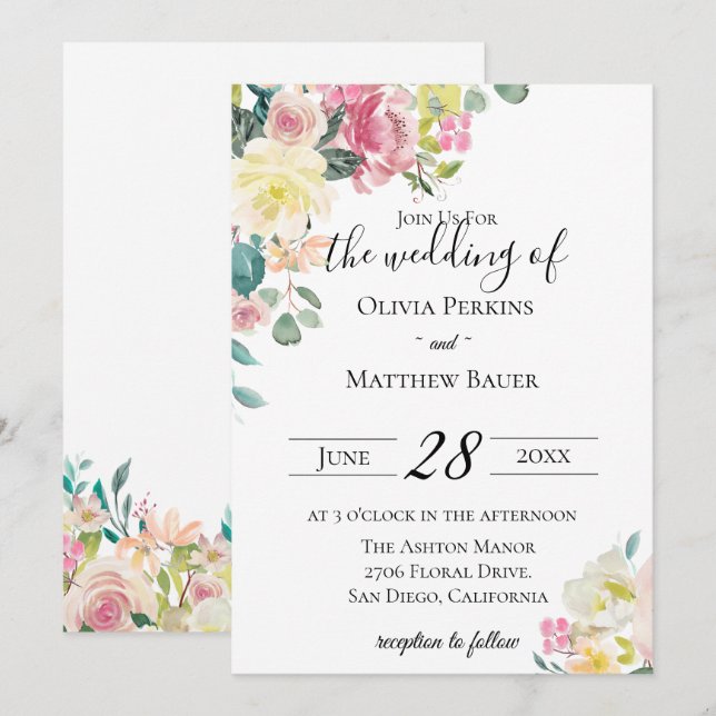Invitación a la boda del jardín floral de Pastel (Anverso / Reverso)