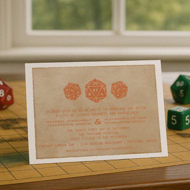 Invitación a la boda del jugador de apuestas de na (Orange Grunge D20 Dice Gamer Wedding Invitation)