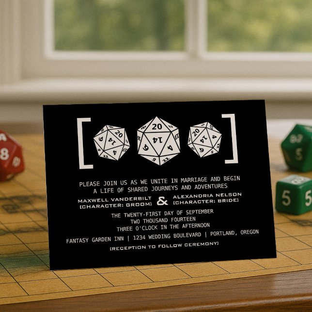 Invitación a la Boda del Jugador de Dados de Black (Black D20 Dice Gamer Wedding Invitation)