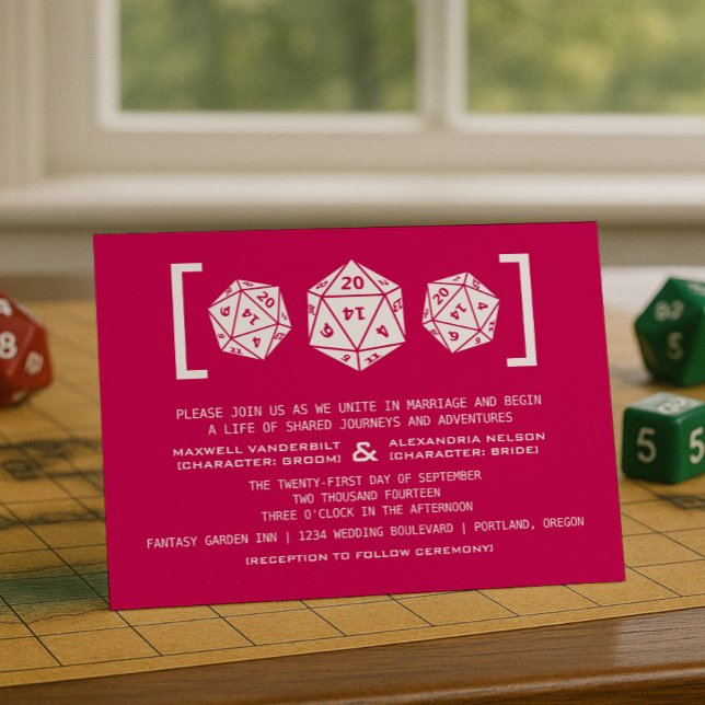 Invitación a la boda del jugador de dados rosado D (Pink D20 Dice Gamer Wedding Invitation)