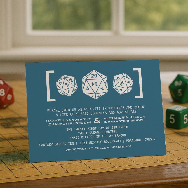 Invitación a la boda del jugador de los dados de B (Blue D20 Dice Gamer Wedding Invitation)