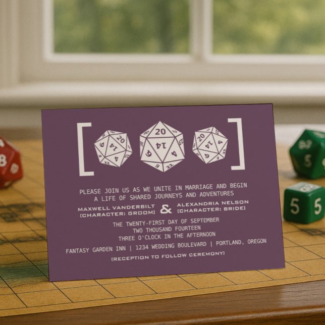 Invitación a la boda del jugador de los dados de l (Purple D20 Dice Gamer Wedding Invitation)