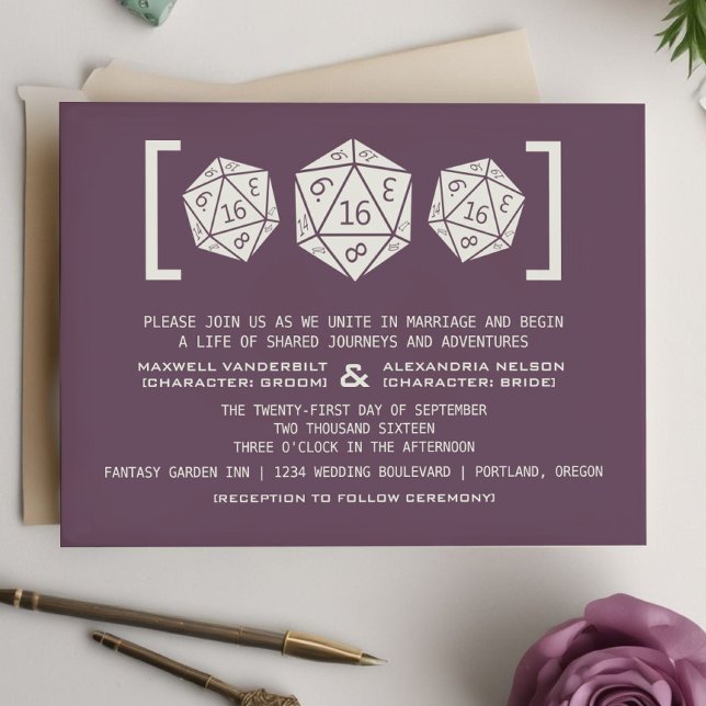 Invitación a la boda del jugador de los dados de l (Purple D20 Dice Gamer Wedding Invitation)