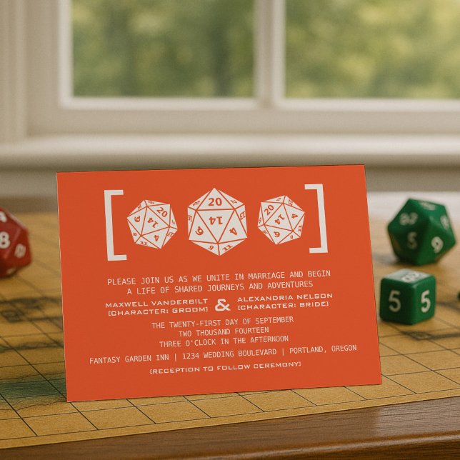 Invitación a la boda del jugador de naranja D20 da (Orange D20 Dice Gamer Wedding Invitation)