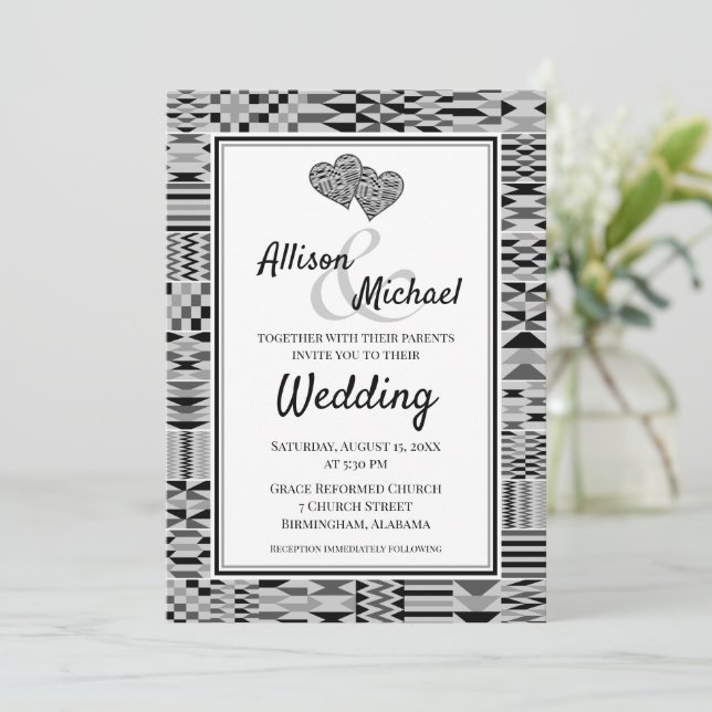 Invitación a la boda del Kente K46 blanco negro af (Anverso de pie)