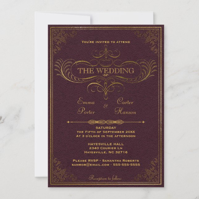 Invitación a la boda del libro de cuero de época (Anverso)
