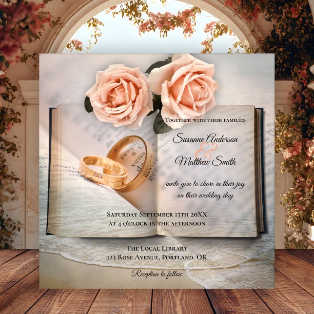 Invitación a la boda del libro de sueños de histor (Wedding invitation featuring books with roses and wedding rings with a dream beach overlay)