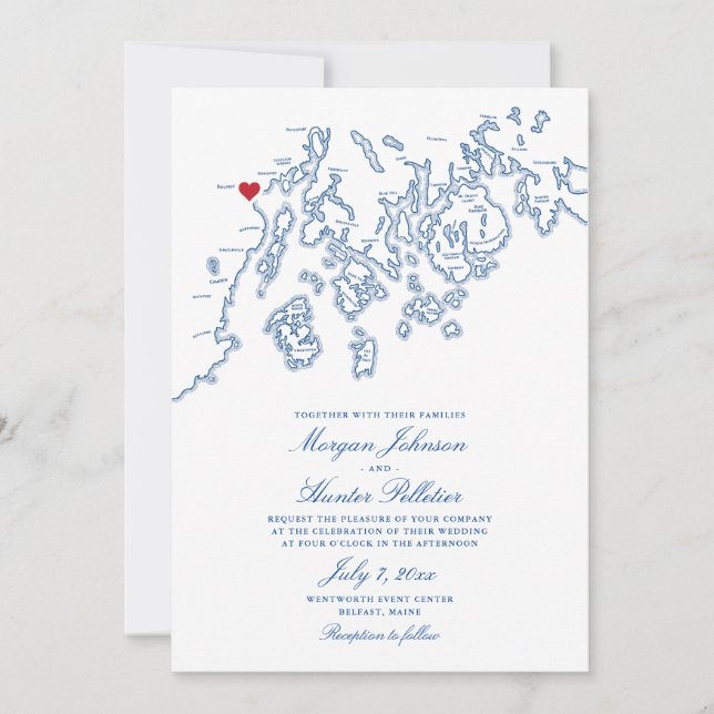 Invitación a la boda del mapa de Belfast Maine - P (Anverso)