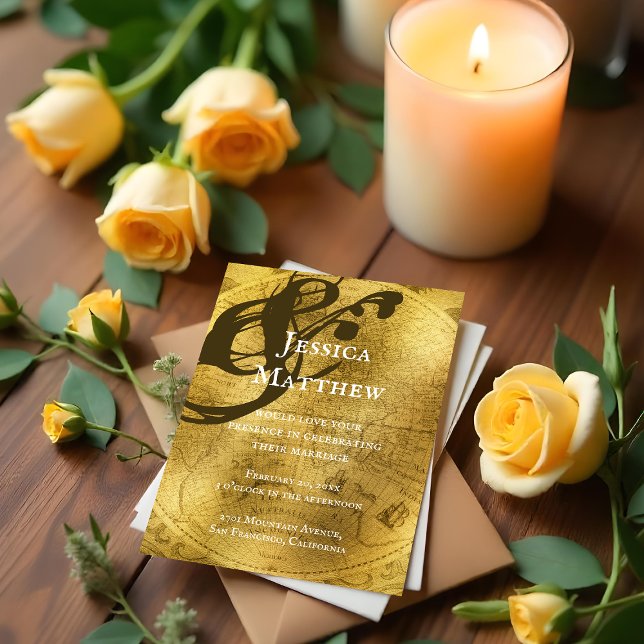 Invitación a la boda del Mapa de Oro Rústico Antig (Antique Rustic Gold Map Wedding Invitation)
