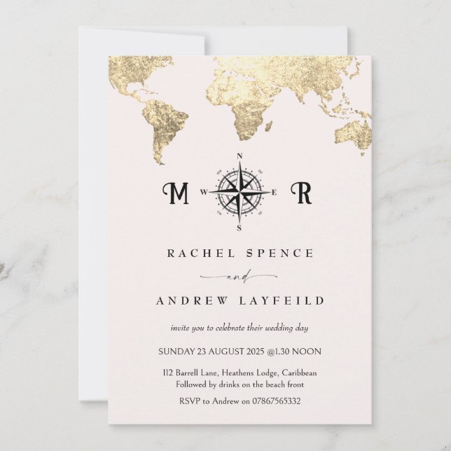 Invitación a la boda del mapa de viajes rosados y  (Anverso)