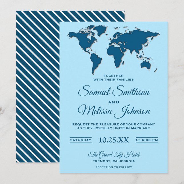 Invitación a la boda del Mapa del Mundo Azul moder (Anverso / Reverso)