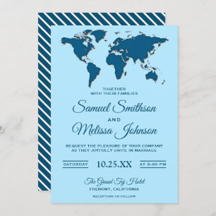 Invitación a la boda del Mapa del Mundo Azul moder