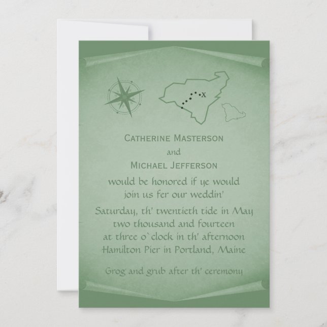 Invitación a la boda del mapa del tesoro, verde (Anverso)