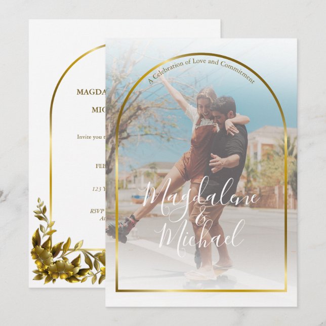 Invitación a la boda del marco del arco de oro de  (Anverso / Reverso)