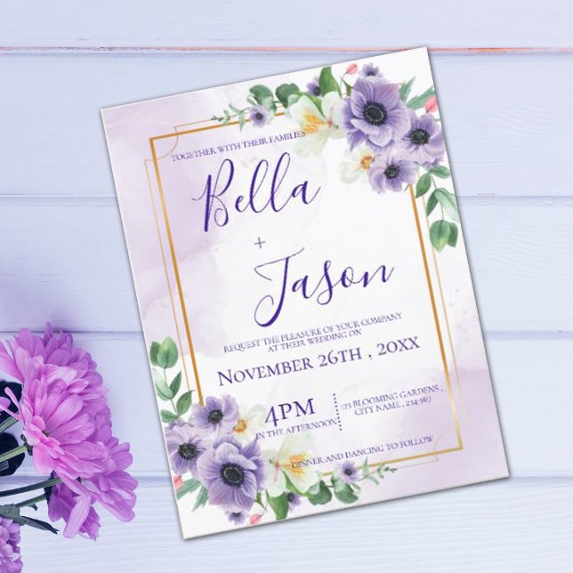 Invitación a la boda del marco dorado morado flora (Subido por el creador)