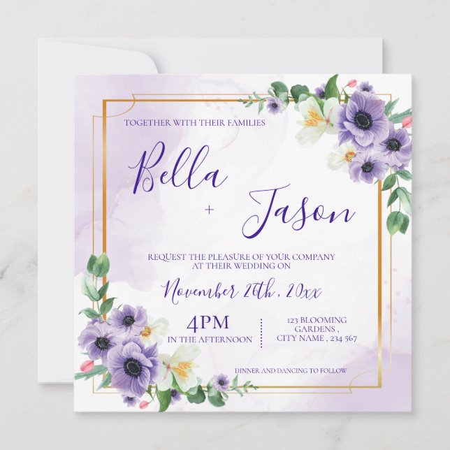 Invitación a la boda del marco dorado morado flora (Anverso)