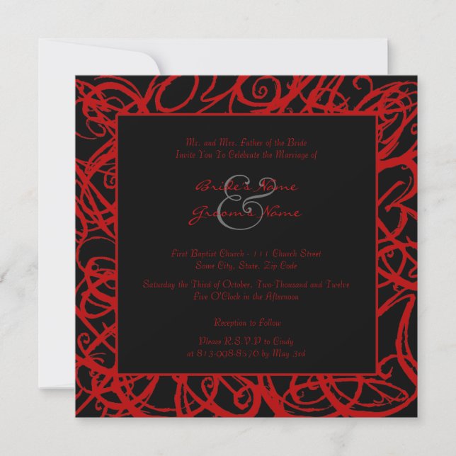 Invitación a la boda del marco esbozado rojo y neg (Anverso)