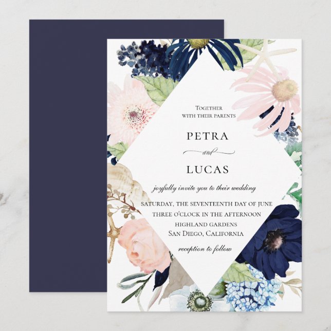 Invitación a la boda del marco floral costero (Anverso / Reverso)