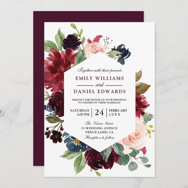 Invitación a la boda del marco floral de vino rojo (Anverso / Reverso)