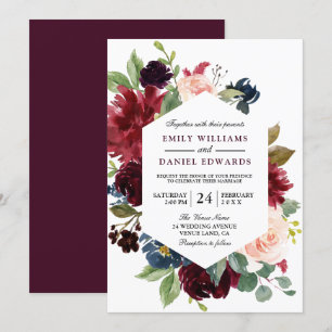 Invitación a la boda del marco floral de vino rojo