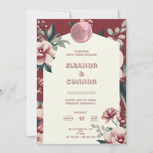 Invitación a la boda del marco floral rojo (Anverso)