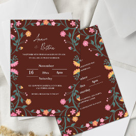 Invitación a la boda del marco floral rojo intrinc