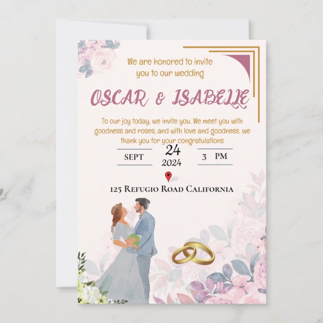 Invitación a la boda del marco floral rosado de Ru (Anverso)